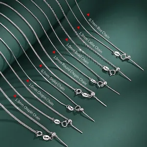 Various S925 sterling silver chain styles in 0.7mm to 1.3mm thickness on dark background