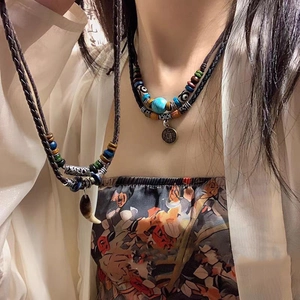 Double Layer Pendant Necklace Vintage Ethnic Alloy Butterfly Wood Beads Turquoise Bohemian Style Jewelry For Women