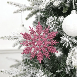Pink glitter snowflake ornament for Christmas tree decoration with hanging string