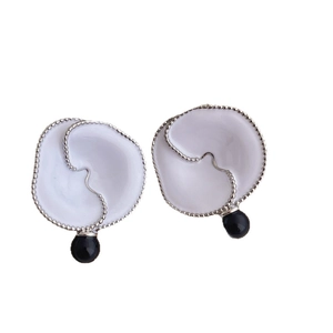 Elegant white enamel flower stud earrings with black onyx beads and silver beaded edges