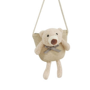 Sac bandoulière en paille pour enfants avec ours en peluche et design de plage tissé