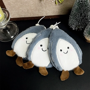 Three cute plush penguin keychain toys with fluffy grey fur and white elastic straps