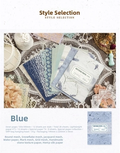 Detail of 20-piece DIY scrapbooking paper set in blue theme with lace and mesh textures