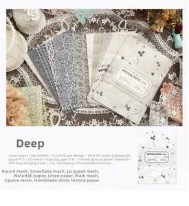 Detail of vintage material paper pack showing textured gauze and lace paper for DIY journaling