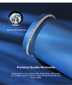 Macro shot of D color 3EX cut Moissanite stones on a 925 sterling silver tennis bracelet