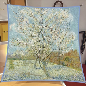 Artistic square scarf featuring Van Gogh Pear Tree Blossoms print in light blue and white