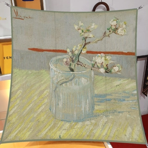 Van Gogh Almond Blossom silk scarf in elegant green featuring fine fabric texture
