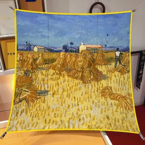 90cm Van Gogh Wheatfield oil painting silk scarf with a vibrant yellow border detail