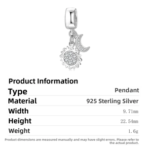 Detail view of S925 silver sun and moon charm with zircon and size specifications