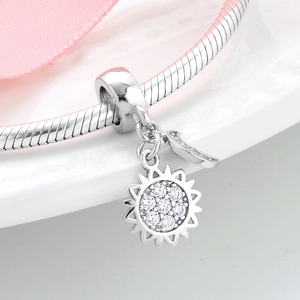 S925 sterling silver sun and moon charm bracelet with white sparkling crystals on snake chain