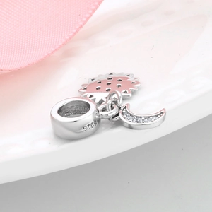 S925 sterling silver sun and moon charm with pink enamel and sparkling zircon stones