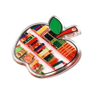 Acrylic apple-shaped pendant with colorful bookshelf print and hanging hole for DIY