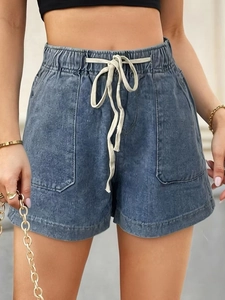 Women Denim Shorts Elastic Waist Drawstring High Waisted Cotton Large Patch Pockets Casual Straight Leg Washed Retro Style