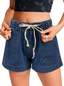 Women's slim fit retro dark blue denim shorts with elastic drawstring waist and pockets