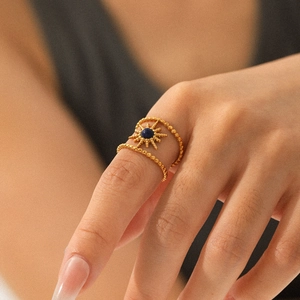 Vintage gold sunflower ring with blue gemstone and double beaded band for women