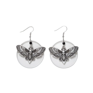 Silver gothic skull moth drop earrings with black bead detail on a clean white background