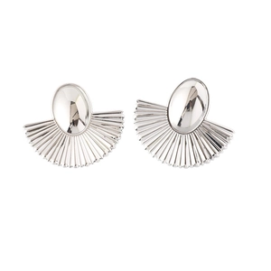 Vintage silver cat eye earrings with pleated fan-shaped design and geometric metallic finish