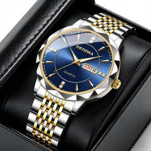 Men's luminous quartz watch with blue dial and two-tone steel band in a luxury box