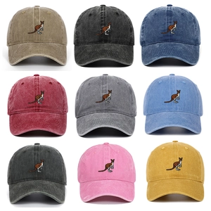 Distressed cotton baseball caps with embroidered kangaroo logo in multiple colors