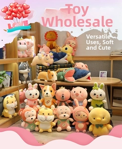 Collection of plush animal toys featuring unicorn, husky, shark, corgi on a display shelf