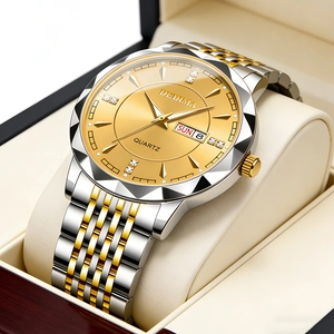 Men Quartz Watch Stainless Steel Band Double Calendar Waterproof Luminous Faceted Bezel Luxury Business Wristwatch