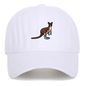 Close-up of detailed kangaroo embroidery on a white vintage washed cotton baseball cap
