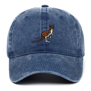 Detailed embroidery of a brown kangaroo on a vintage washed blue cotton baseball cap