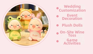 Macro view of three plush pigs in frog, bear, and rabbit hoodies with Smile embroidery