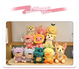 Collection of plush toys including dinosaur and corgi characters on a wooden stand