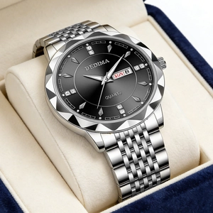 Macro view of men's stainless steel watch featuring a diamond dial and day-date display