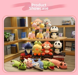 Collection of various soft plush animal toys like pandas and giraffes on a shelf