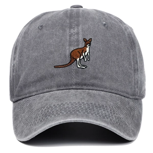 Detailed embroidery of a kangaroo icon on a washed cotton vintage baseball cap