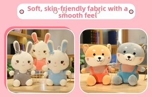 Close-up of soft striped plush dolls featuring cute bunny and shiba inu character designs