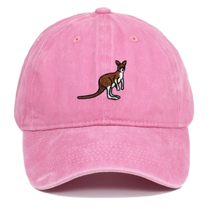 Detailed embroidery of a colorful kangaroo on pink washed cotton vintage baseball cap