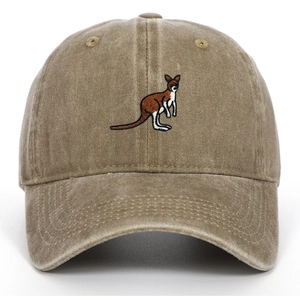 Close-up of vintage washed cotton texture and detailed kangaroo embroidery on baseball cap
