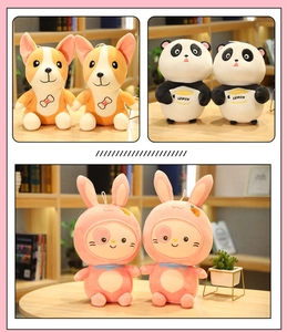 Detail of plush toys featuring a corgi with Best embroidery and a panda with lemon pot