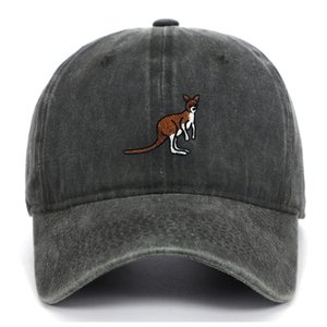 Vintage dark grey washed cotton baseball cap featuring a detailed kangaroo embroidery