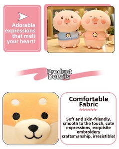Detail of plush pig and dog toys showing soft fabric texture and fine embroidery
