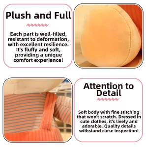 Detail of plush toy striped corduroy overalls showing high-quality stitching and full padding