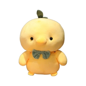 Plush yellow chick toy 40cm with green corduroy bow and leaf detail on white background