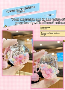 Detailed views of a pink cartoon keychain filled with macaron beads and white sequins