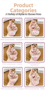 Detail of pink jelly bean charms including backpack and strawberry shapes on metal rings