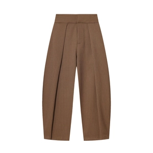 Fashionable high waist brown striped wide leg trousers with pleated balloon silhouette