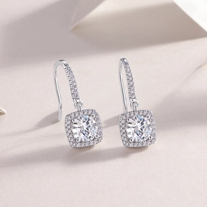 Classic silver sterling square halo drop earrings with round-cut sparkling crystals