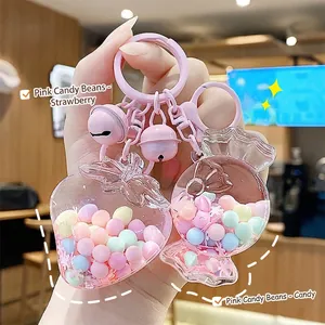 Pink Quicksand Keychain Pendant Cute Transparent Acrylic Fruit Flower Lollipop Keyring With Bell For Bag Ornament Gift