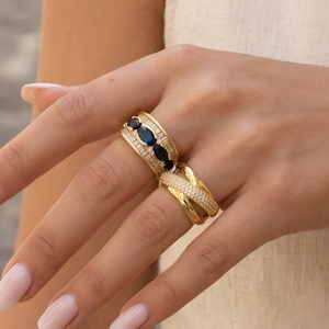 18K gold plated X-shape cross ring with sapphire blue stones and pavé zircon accents