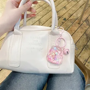 Cute pink candy bean bottle keychain with colorful beads and bell for bags