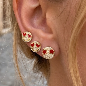 Hip Hop Smiley Face Stud Earrings 18K Gold Plated Copper Micro Pave Zircon Heart Star Eyes Enamel Jewelry For Women Men