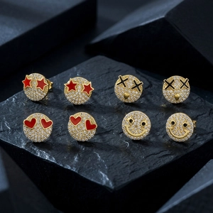 18K gold-plated smiley face stud earrings set with white zircon and enamel on black rock