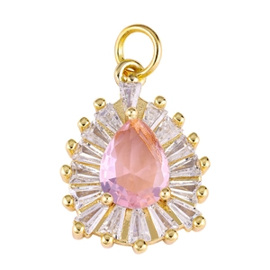 Teardrop pink crystal pendant with rectangular zircon halo in gold setting